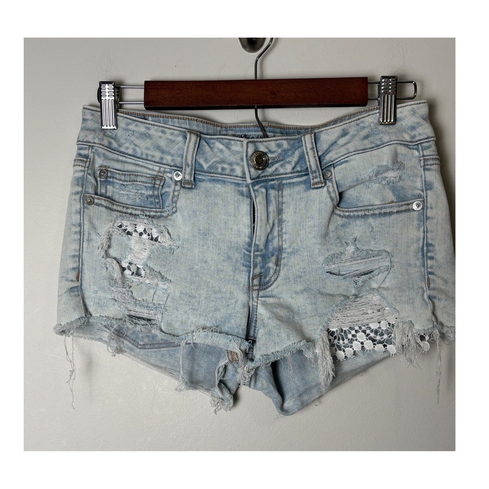 American‎ Eagle Shortie Distressed Lace Crochet Denim Shorts 6 Super Stretch